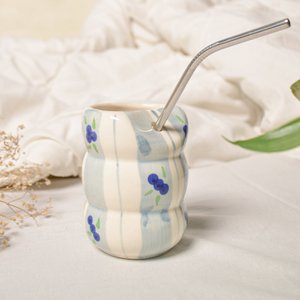 Tumbler | Ceramic Hand-painted With Straw | Blueberry