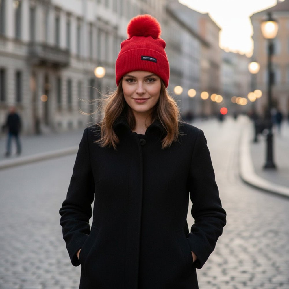 RB5006V | SAINT MORITZ – Doppellagige Stockinette-Strickmütze für Damen mit Pompon, hergestellt in Italien. Rote Farbe