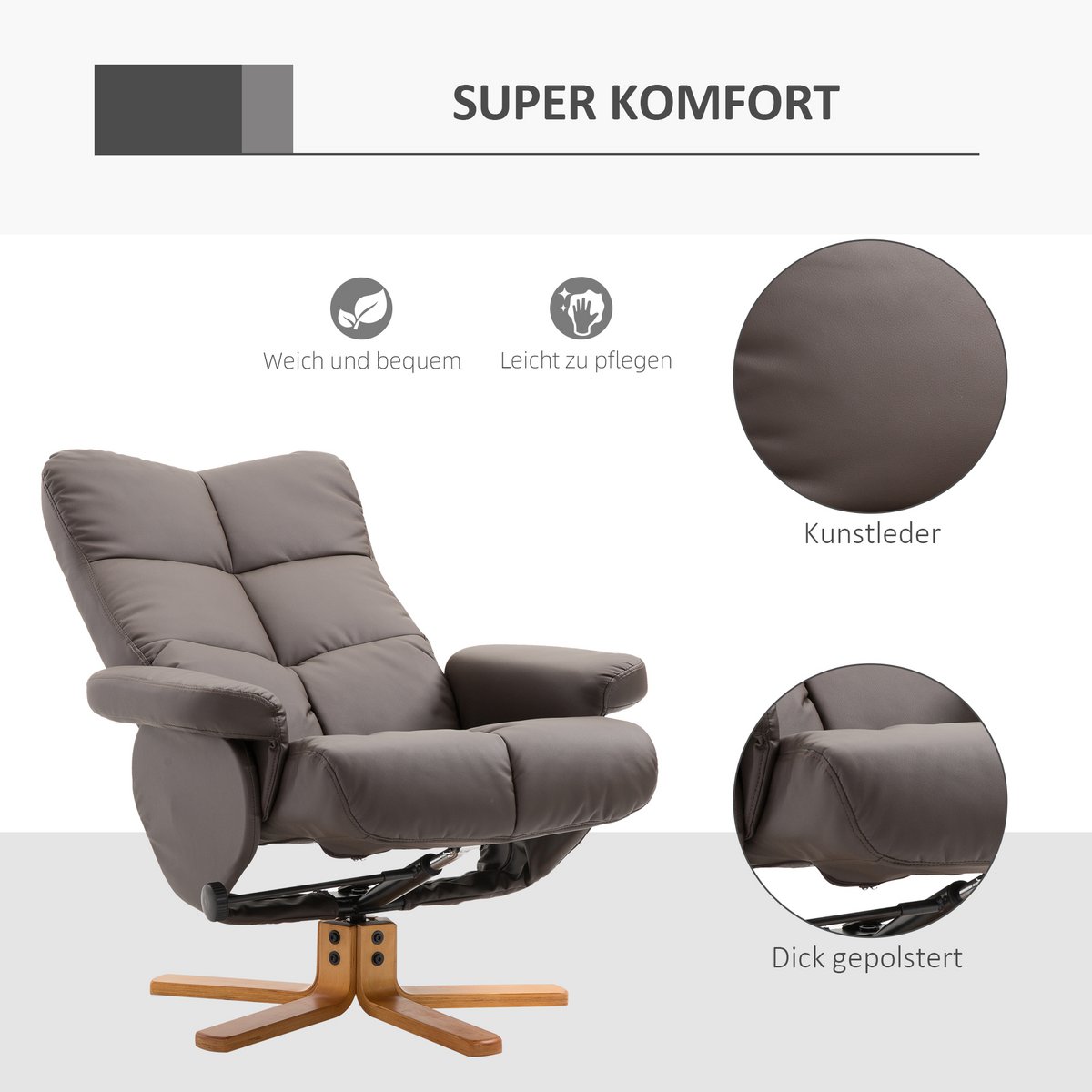 Relaxation chair with stool, 360° rotating TV chair with reclining function, reading chair for bedroom, living room, faux leather, brown