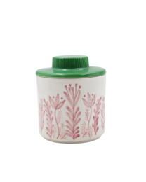  "Cylindrical ceramic canister with green lid, pink botanical floral plant pattern, storage jar"