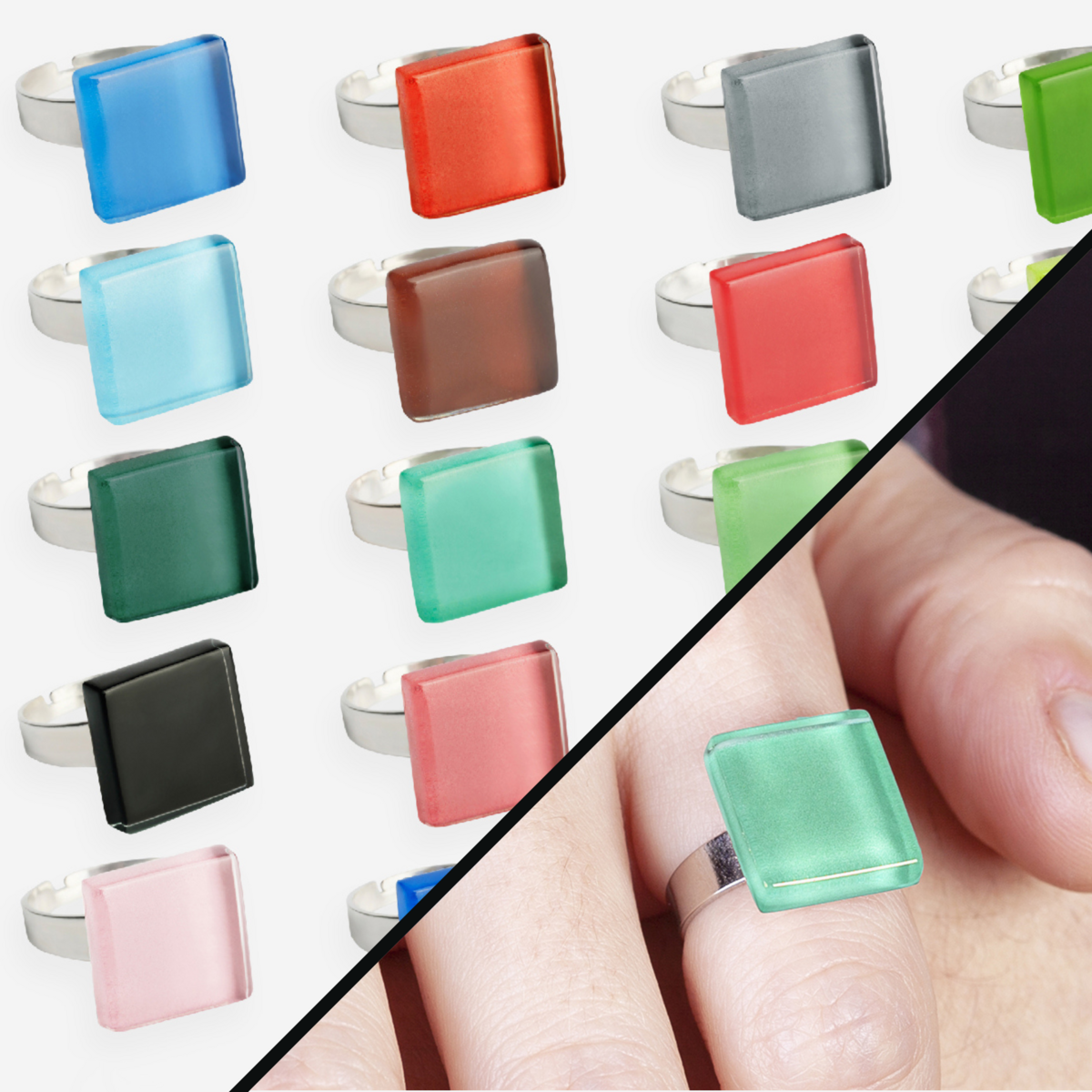 Square ring with stone 15mm • adjustable in size / waterproof / upcycling