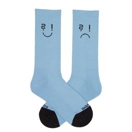 Light blue organic cotton crew socks with simple black graphic designs.