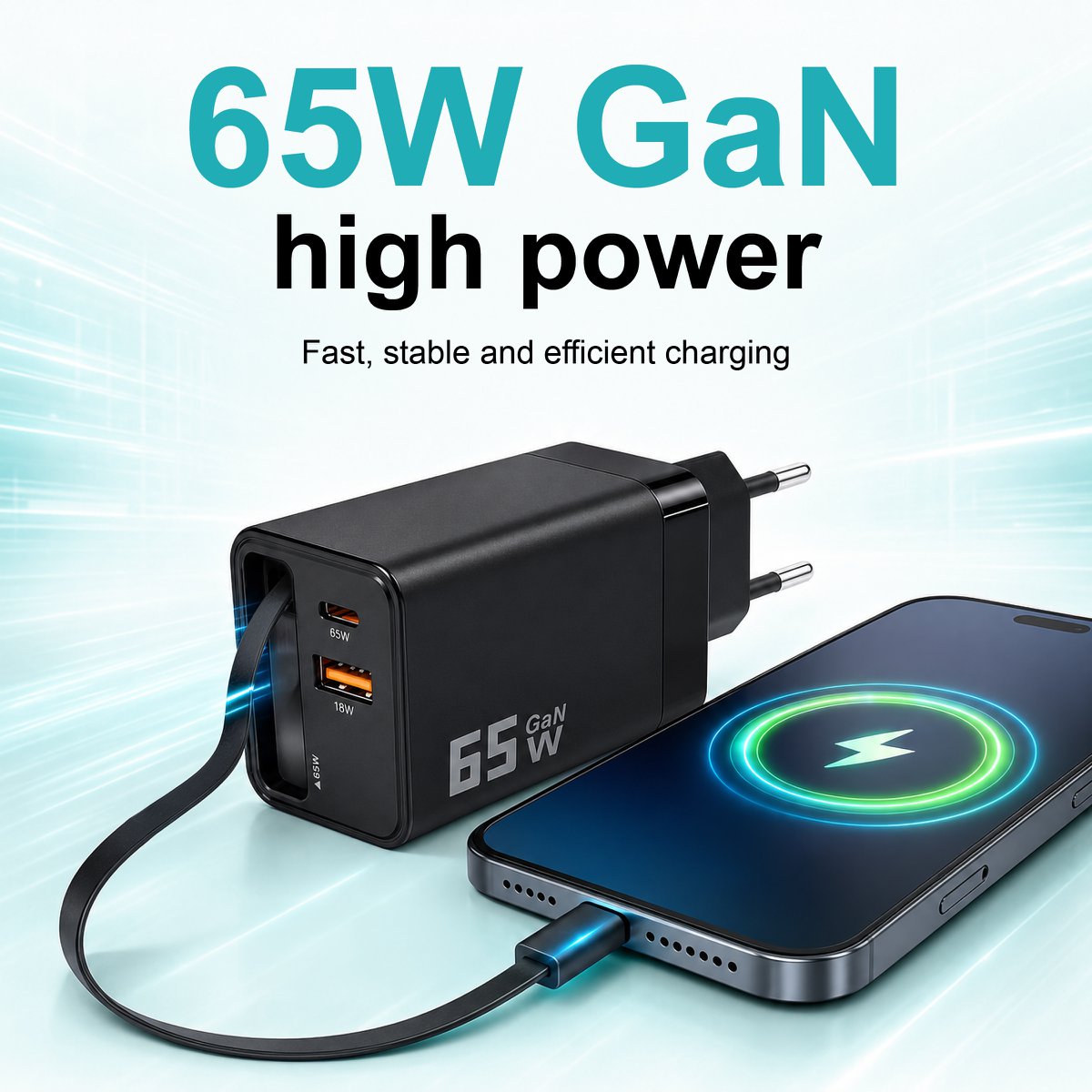 Cargador GaN de 65W con cable USB-C retráctil – NOVOTECK C-024