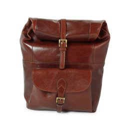 Full grain leather backpack in a rich brown color, featuring a classic rectangular shape, buckle closures, and an adjustable shoulder strap for comfortable carrying.