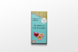Passion fruit flavored chocolate tablet with natural ingredients. Smooth, creamy texture with a tangy, tropical taste.