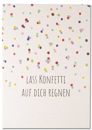 Colorful confetti-patterned friendship card with the text "Let the confetti rain down on you" in German.