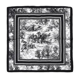 Black and white toile pattern scarf with vintage landscape scenes and ornate border design.