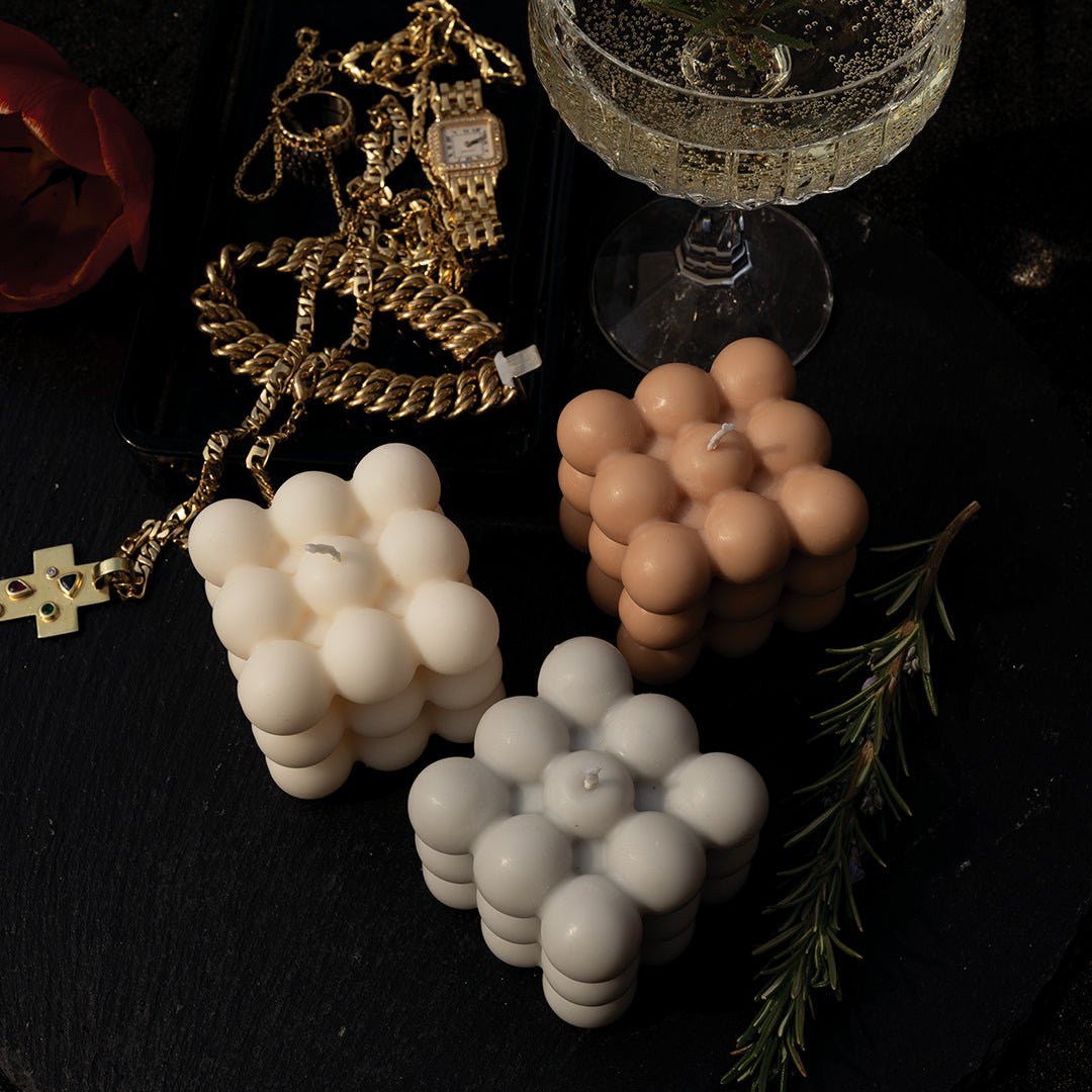 Set de 3 velas burbuja crema, gris claro, beige