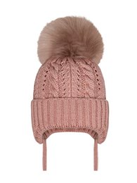 Cozy baby hat in powder pink, toffie, and baby blue colors with a soft faux fur pom-pom. Features a cable knit pattern for a stylish look. Available in sizes 3-6 months and 6-9 months.