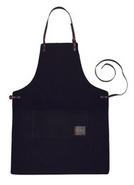 K0015AB | Arbejdsforklæde i kanvas / ægte fuldnarvet læder, flæser. Farve Sort/Mørkebrun. Antik nikkel tilbehør. Mål: 70 x 90 x 0,5 cm. Emballage: Polybag