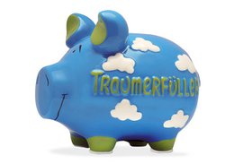 A ceramic piggy bank in the shape of a medium-sized pig, painted in shades of blue and green with cloud designs and the text "Dream Fulfiller" on the side. The dimensions are 17x15x15cm.