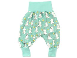 Baby bloomers in mint green color with a repeating pattern of white bunnies and chicks. The bloomers have a comfortable elastic waistband and are suitable for infants and toddlers.