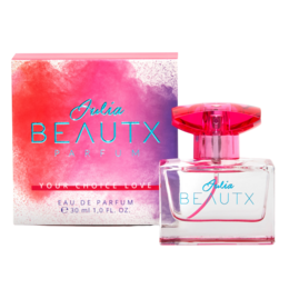 A floral, feminine perfume in a pink and blue glass bottle with a pink cap.