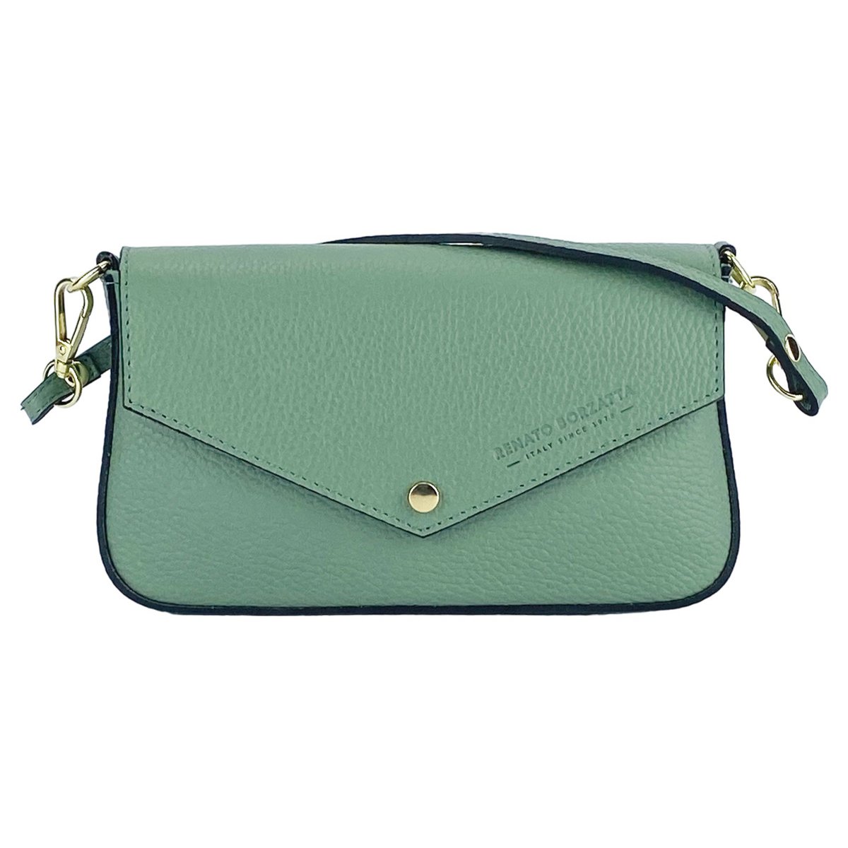RB1023BF | Kleine Umhängetasche mit abnehmbarem Kettenschultergurt aus echtem Leder, hergestellt in Italien. Verschlussklappe. Metallaccessoires in glänzendem Gold – Farbe Mint – Maße: 22 x 12 x 3 cm