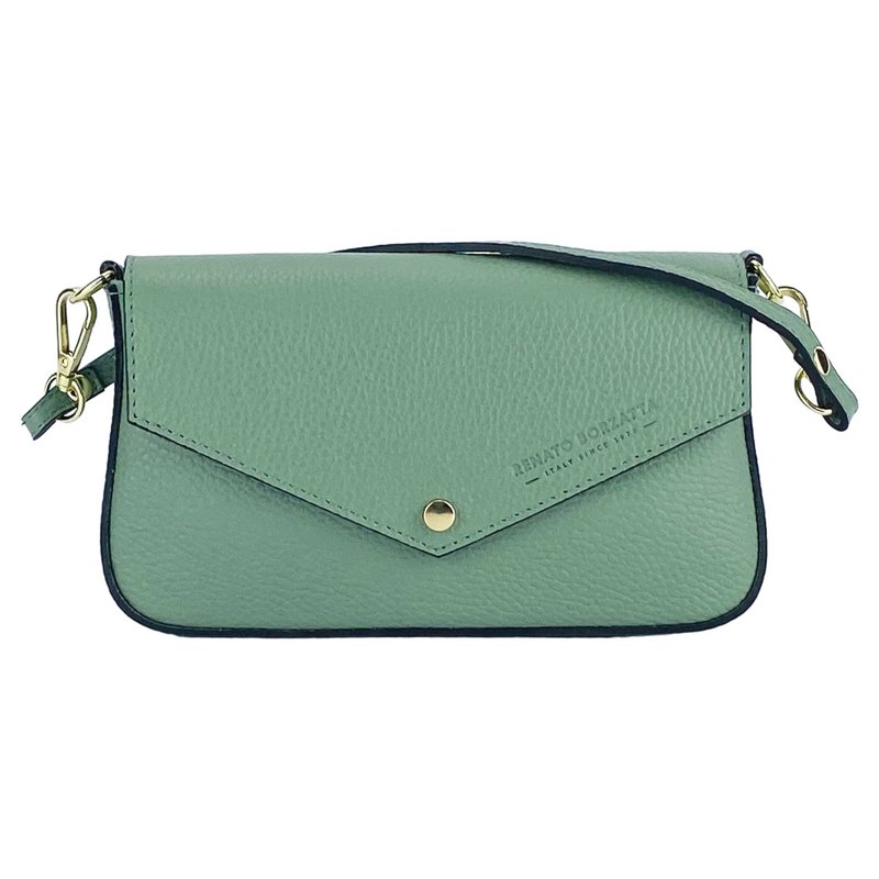 RB1023BF | Kleine Umhängetasche mit abnehmbarem Kettenschultergurt aus echtem Leder, hergestellt in Italien. Verschlussklappe. Metallaccessoires in glänzendem Gold – Farbe Mint – Maße: 22 x 12 x 3 cm