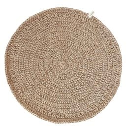 Round jute placemat, hand crocheted in Nepal, natural beige color.