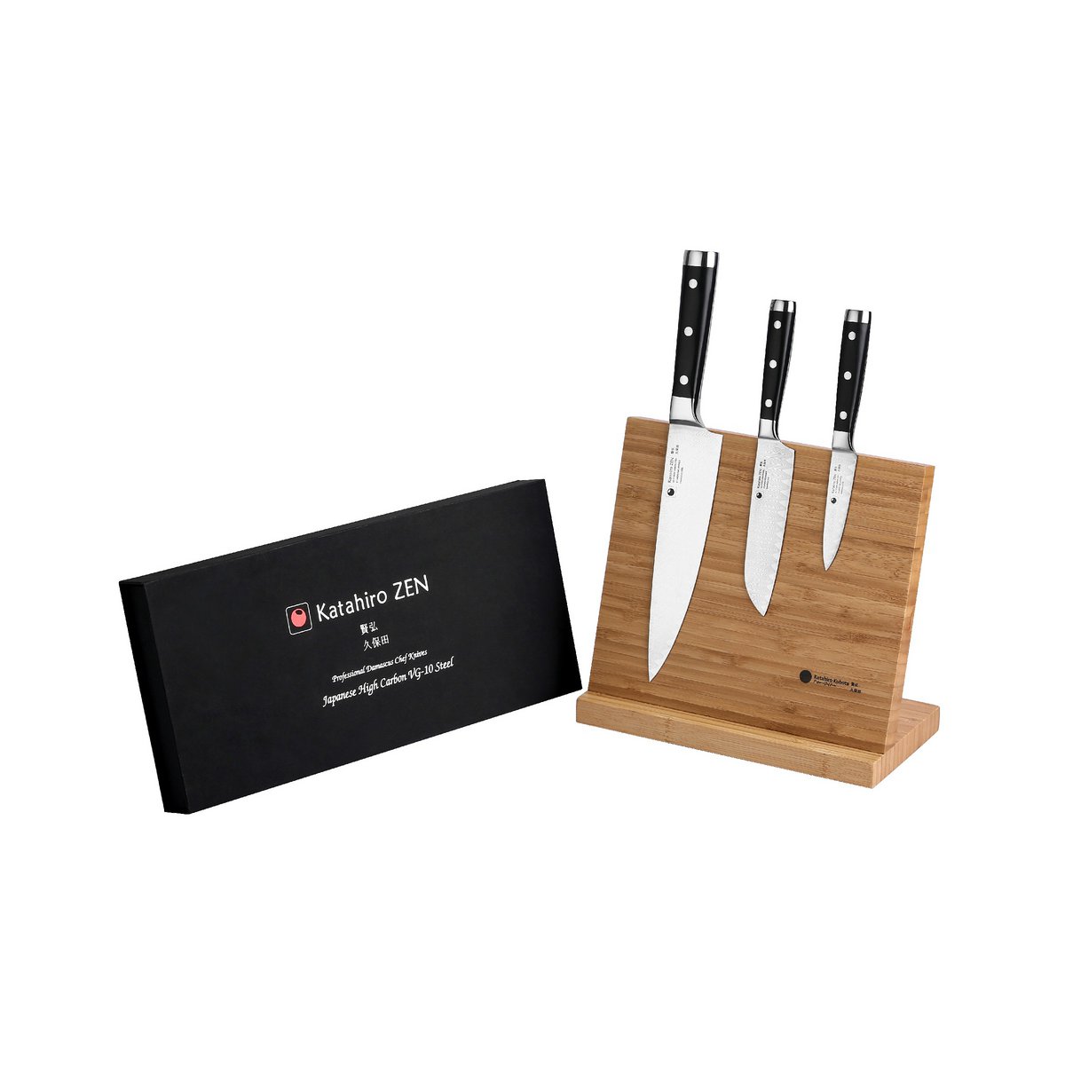 KATAHIRO ZEN Juego de cuchillos de chef damasco de 3 piezas: cuchillo de chef, cuchillo santoku, cuchillo de pelar con portacuchillas magnético de bambú