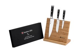 KATAHIRO ZEN 3-delt damask kokkekniv sæt - kokkekniv, santoku kniv, skærekniv med bambus magnetisk knivholder