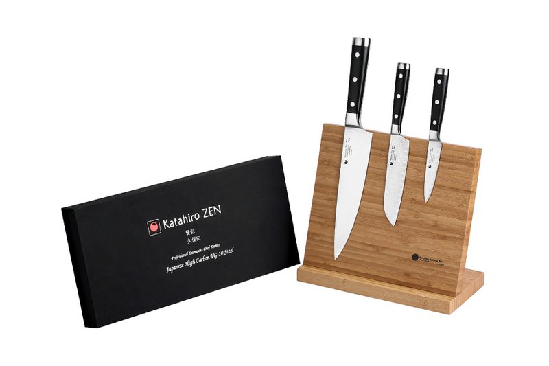 KATAHIRO ZEN 3-delt damask kokkekniv sæt - kokkekniv, santoku kniv, skærekniv med bambus magnetisk knivholder