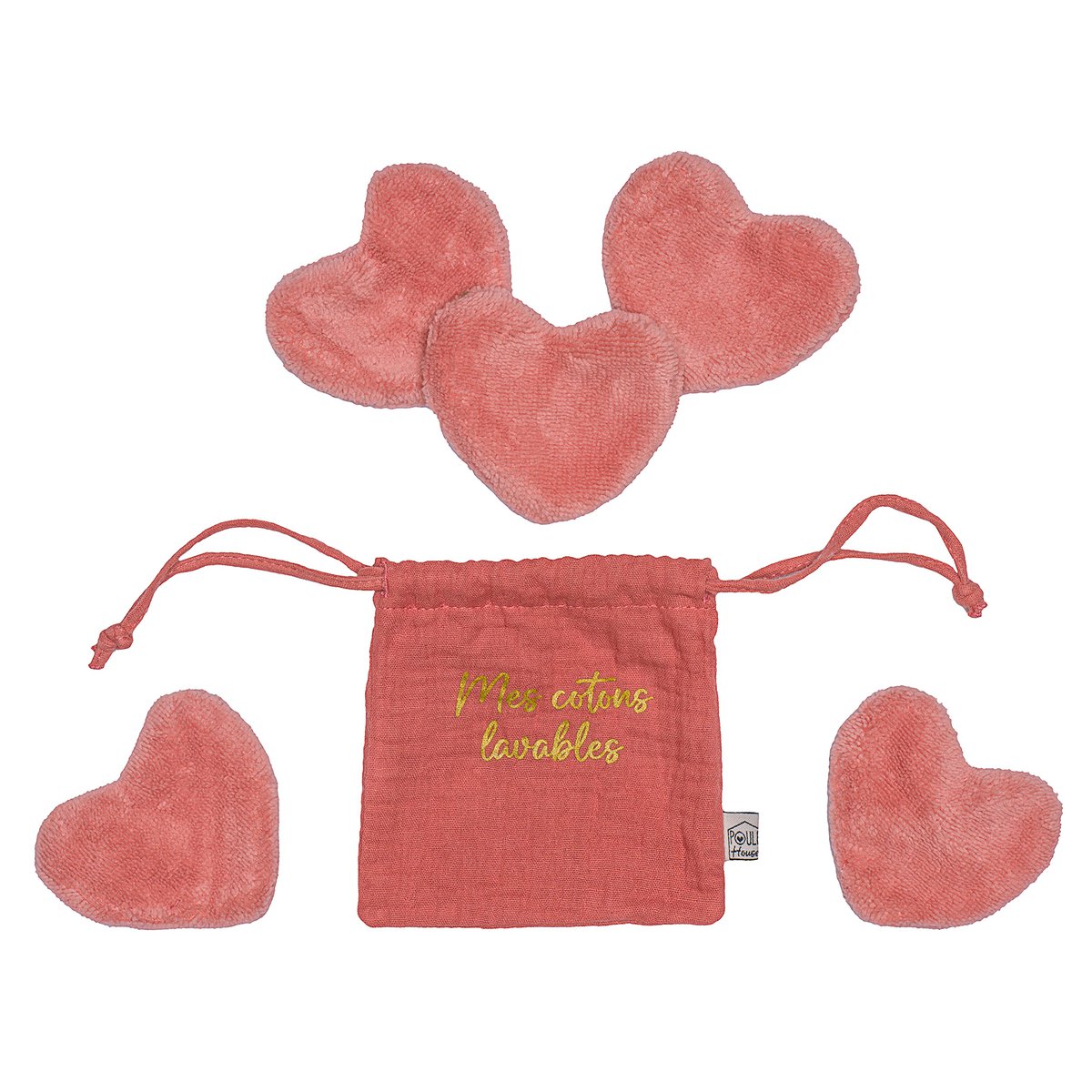 Set 5 cotons lavables forme cœur dans pochon - terracotta