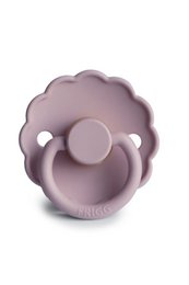 Soft lilac pacifier with daisy design, suitable for ages 0-6 months and 6-18 months.