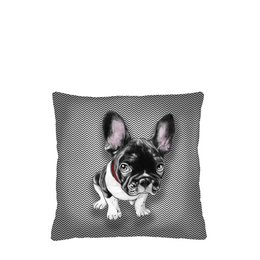Decorative square pillow with a French Bulldog design. The pillow features a black and white checkered pattern background with a close-up portrait of a French Bulldog in the center. The pillow measures 40 x 40 cm.