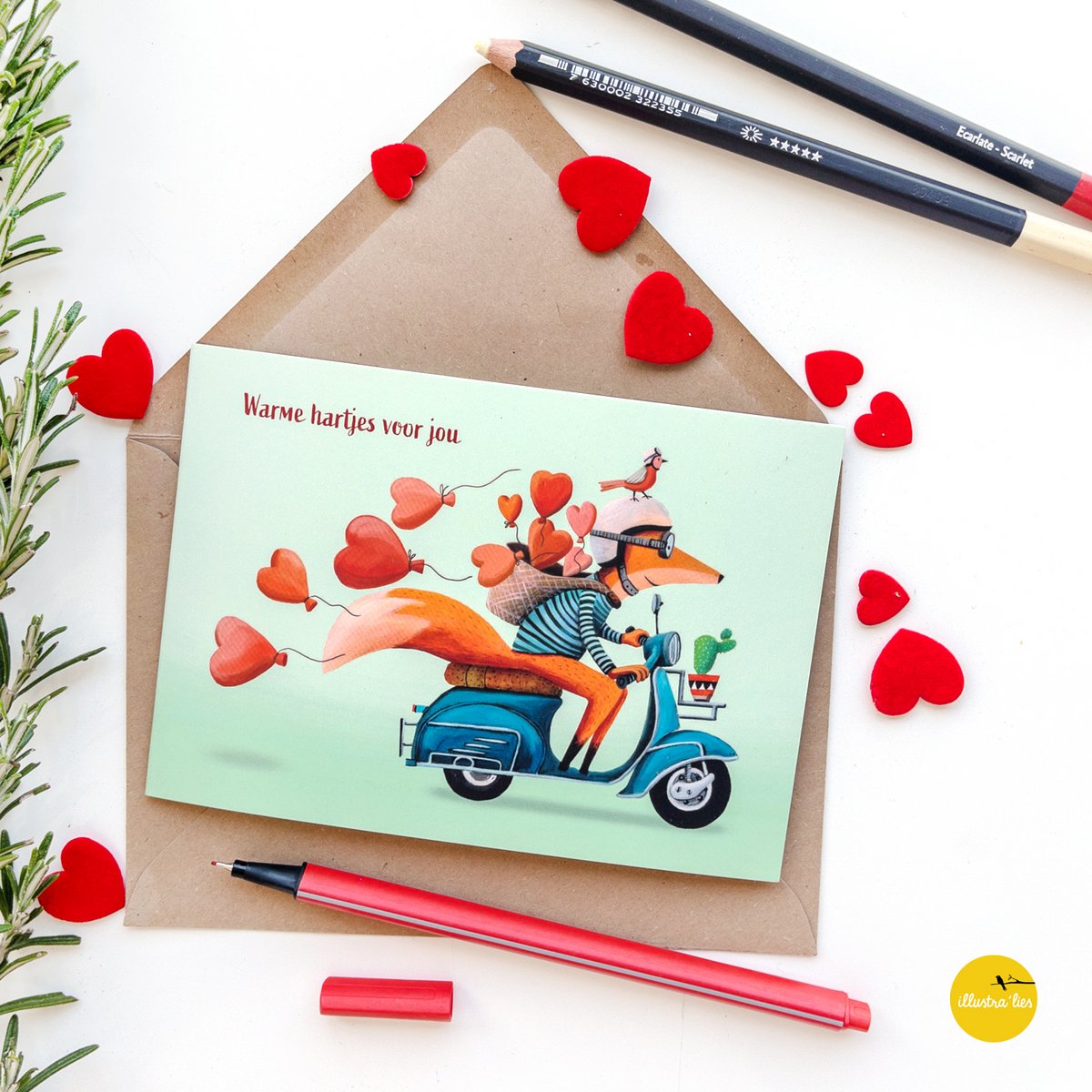 Tarjeta de felicitación Pequeño zorro en scooter