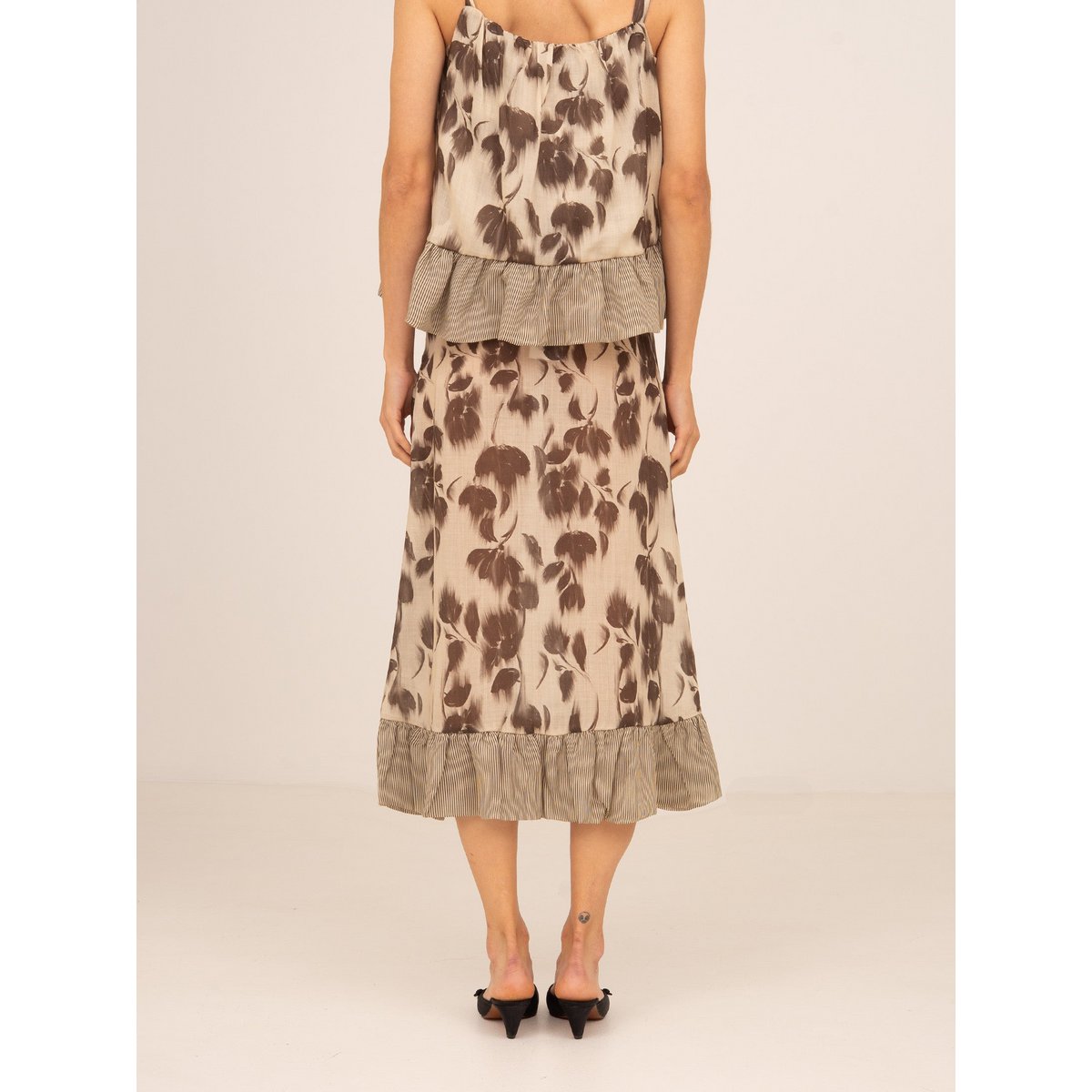 Bouquet Brown Flower Print Midi Skirt