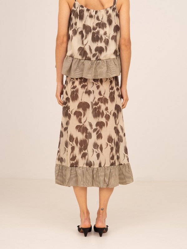 Bouquet Brown Flower Print Midi Skirt