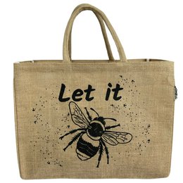 A large, water-repellent jute shopping bag with a printed bee design and the text "Let it". The bag has a spacious 25-liter capacity and is suitable for use as a beach bag, shopping bag, or gift. The sustainable, eco-friendly material makes this a practical and stylish choice.