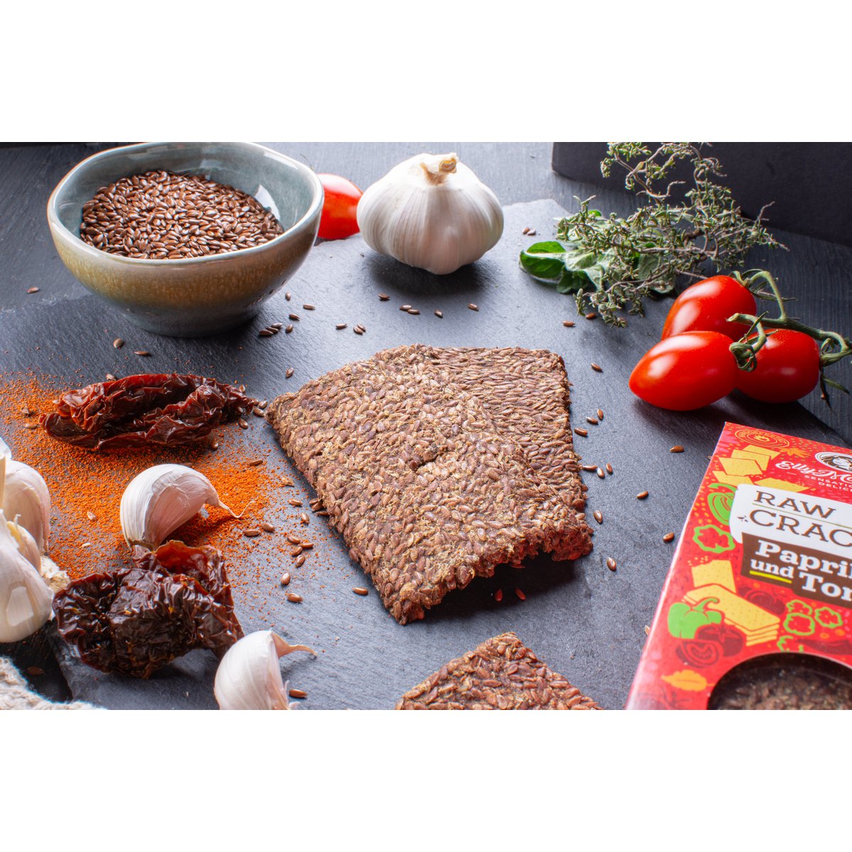 Keto Lijnzaadcrackers met tomaat en paprika 90g - Veganistisch, zonder toegevoegde suiker, lactose en glutenvrij