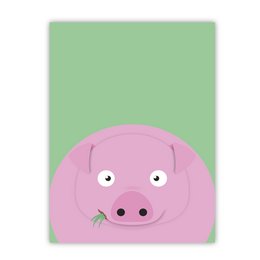 Cute pink pig poster with a simple, minimalist design. The poster features a close-up of a pink pig's face against a light green background, creating a whimsical and playful aesthetic suitable for a nursery or child's room.