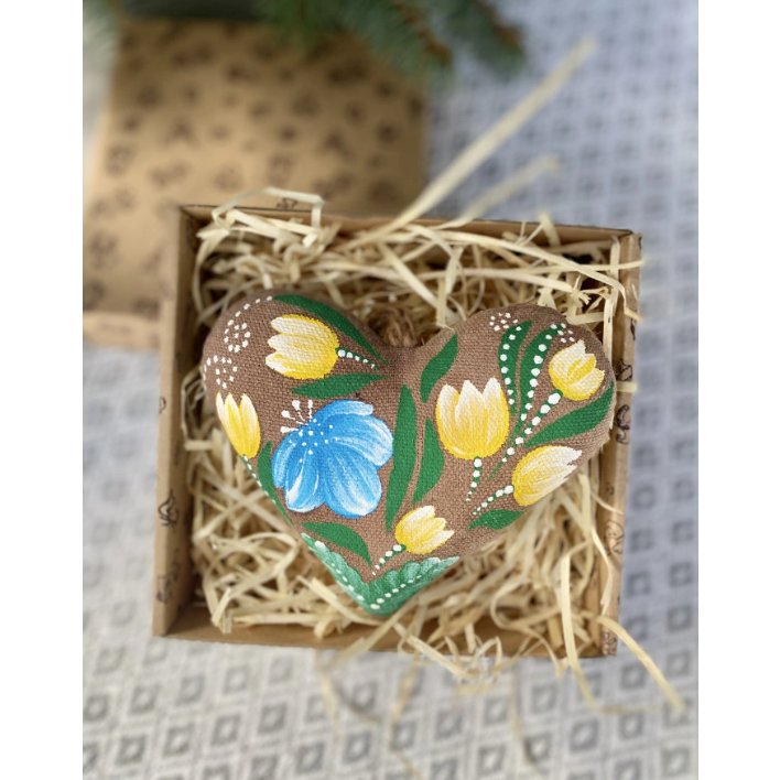 Hand made cocoa scented "Heart with blue and yellow flowers "
