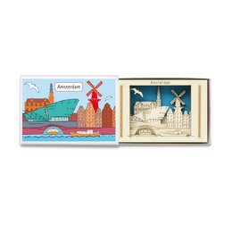 Decorative wooden silhouette box depicting the iconic skyline of Amsterdam, featuring windmills, canals, and traditional Dutch architecture.