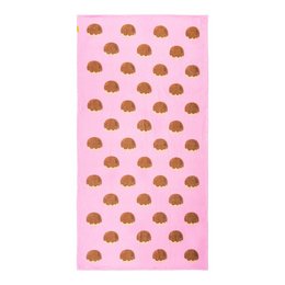 A pink beach towel with brown polka dots, designed to resemble a chocolate cake called "Bosche Bollen".