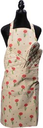 Floral patterned apron and oven mitt set in cream and red colors, featuring stylized poppy flower designs.