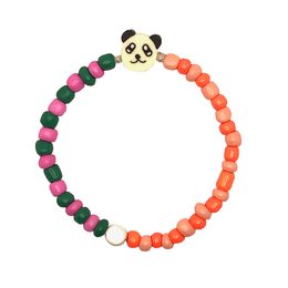 "Bracelet Panda - Kids Jewelry, 3-6 years, 6-12 years. Colorful beaded bracelet with a panda charm."
The product is a bracelet for kids, featuring a panda charm and colorful beads in shades of pink, orange, and green. The bracelet is available in two size variants: 3-6 years and 6-12 years. The key details that can be used for semantic search include the colors (pink, orange, green), the shape (round beads), the style (bracelet), and the theme (panda).