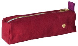  A rectangular burgundy-colored pencil case made of soft, textured material with a gold-colored zipper.