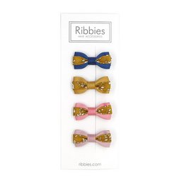Set of 4 colorful Liberty bows for kids' hair accessories in mustard, blue, pink, and gold tones.