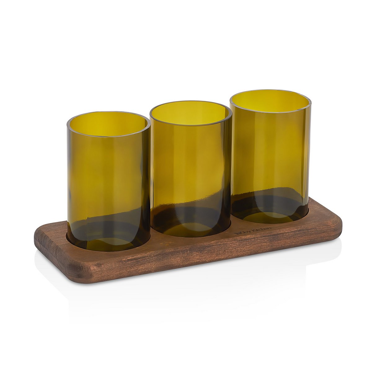 Joy Kitchen bottle vases on wooden plateau