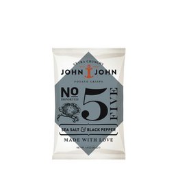  Bag of John & John Chips Crisps Sea Salt & Black Pepper, 40g. Crispy potato chips with sea salt and black pepper seasoning.
