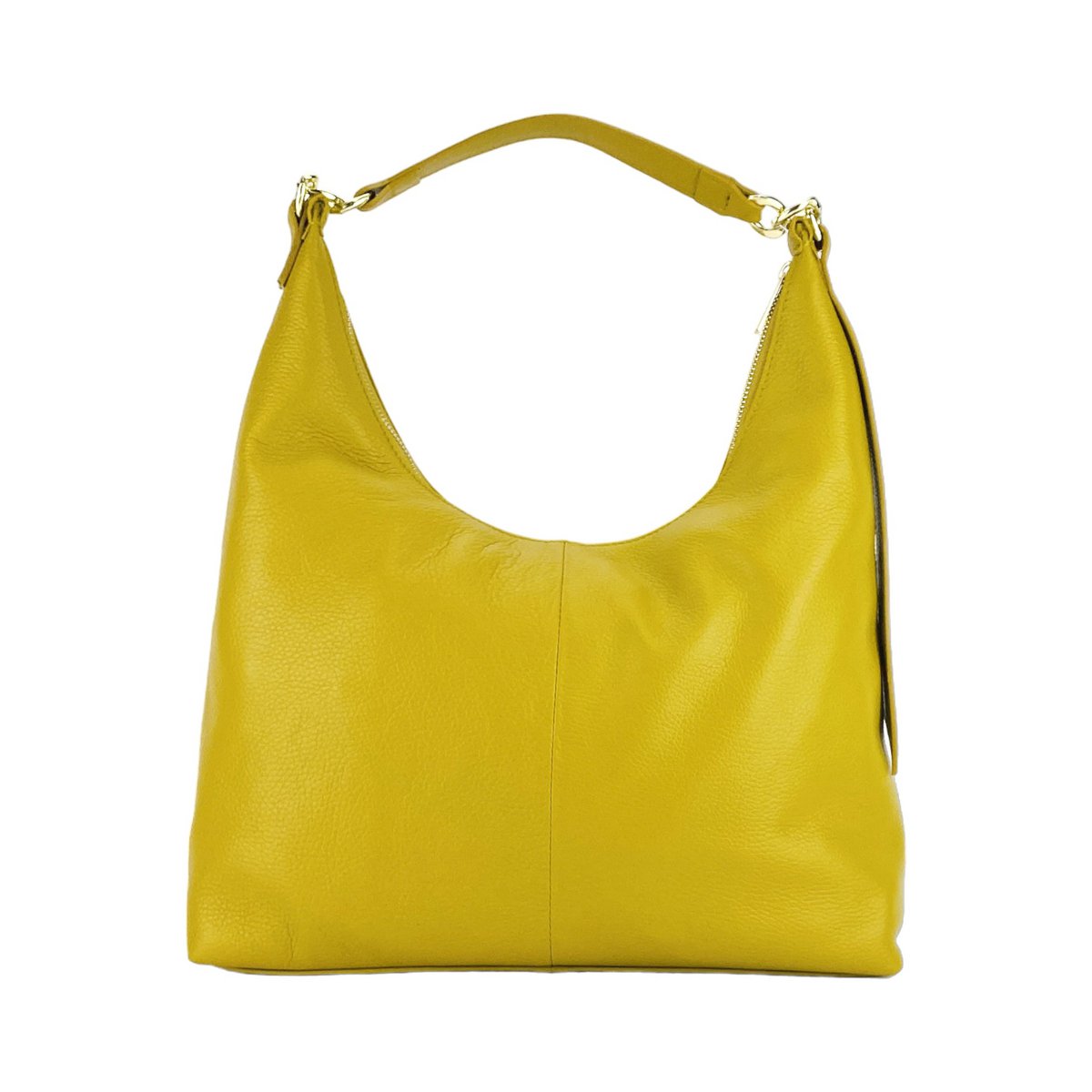 RB1017AR | Soft women's shoulder bag in genuine leather Made in Italy with single handle and removable shoulder strap. Attachments with shiny gold metal snap hooks - Mustard color - Dimensions: 36 x 40 x 13 cm
