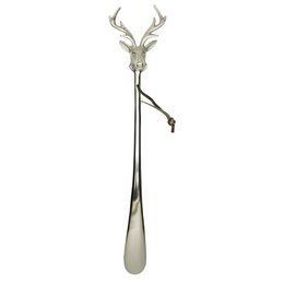 Deer head shaped metal shoehorn with a long handle, suitable for use in shoe care.