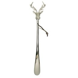 Deer head shaped metal shoehorn with a long handle, suitable for use in shoe care.