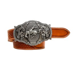Coco-Bean Hand-Tooled Leather Belt - A rugged, handcrafted leather belt featuring an intricate metal buckle with a western-inspired design.