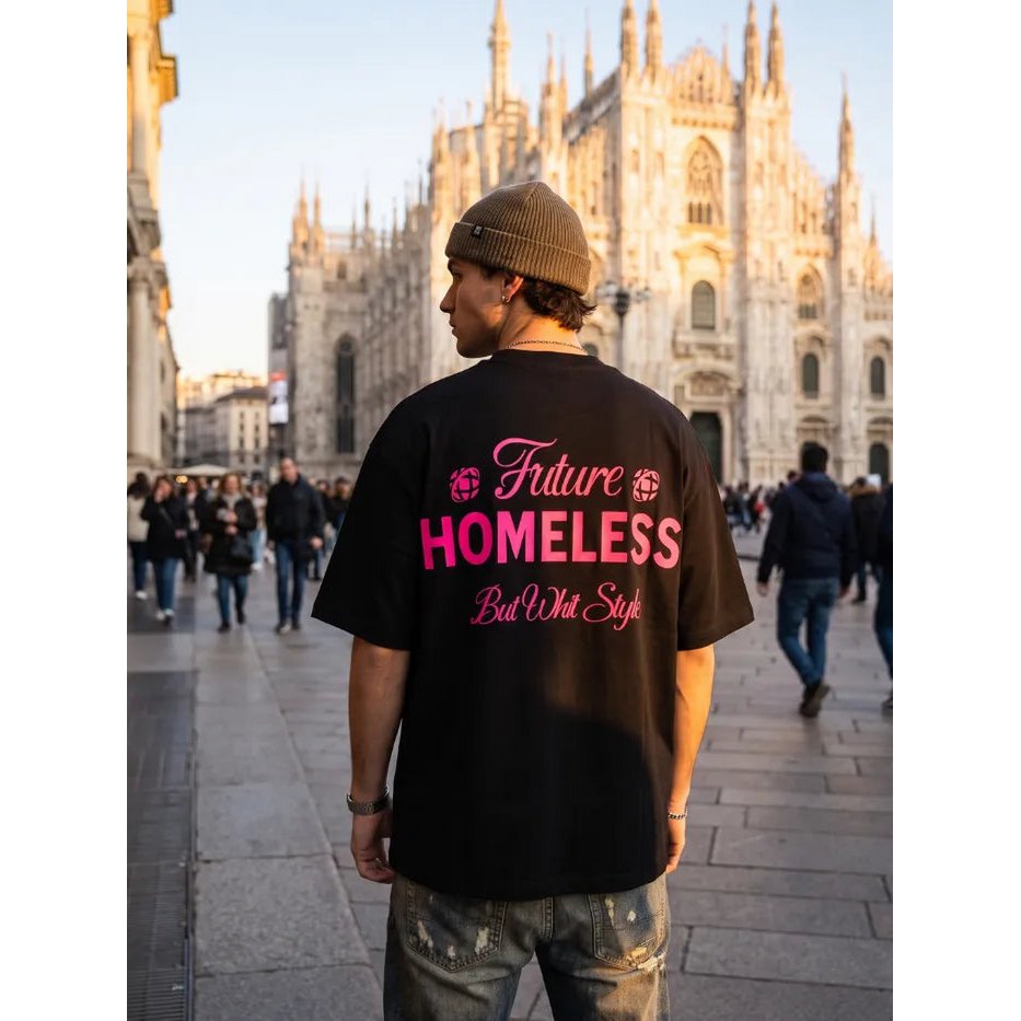 T-Shirt Nera 100% Cotone - Homeless - Made in Italy