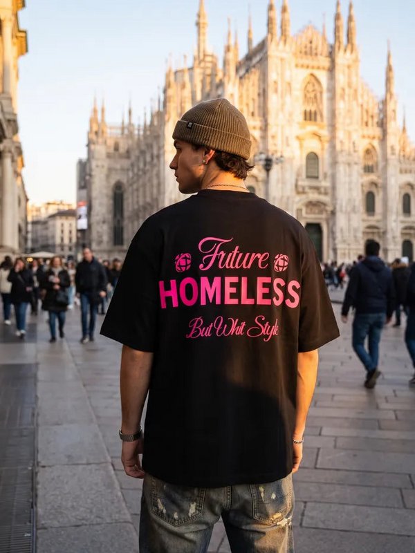T-Shirt Nera 100% Cotone - Homeless - Made in Italy