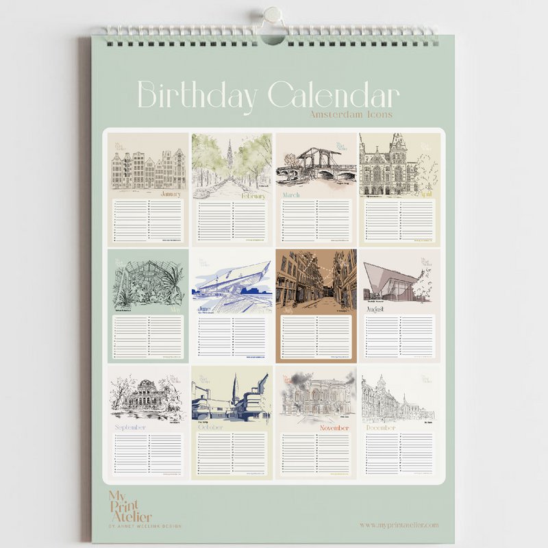 Verjaardagskalender Amsterdam Icons - Annet Weelink Design Amsterdam Schetsen - A4 - Eeuwigdurende Kalender - Premium Papier