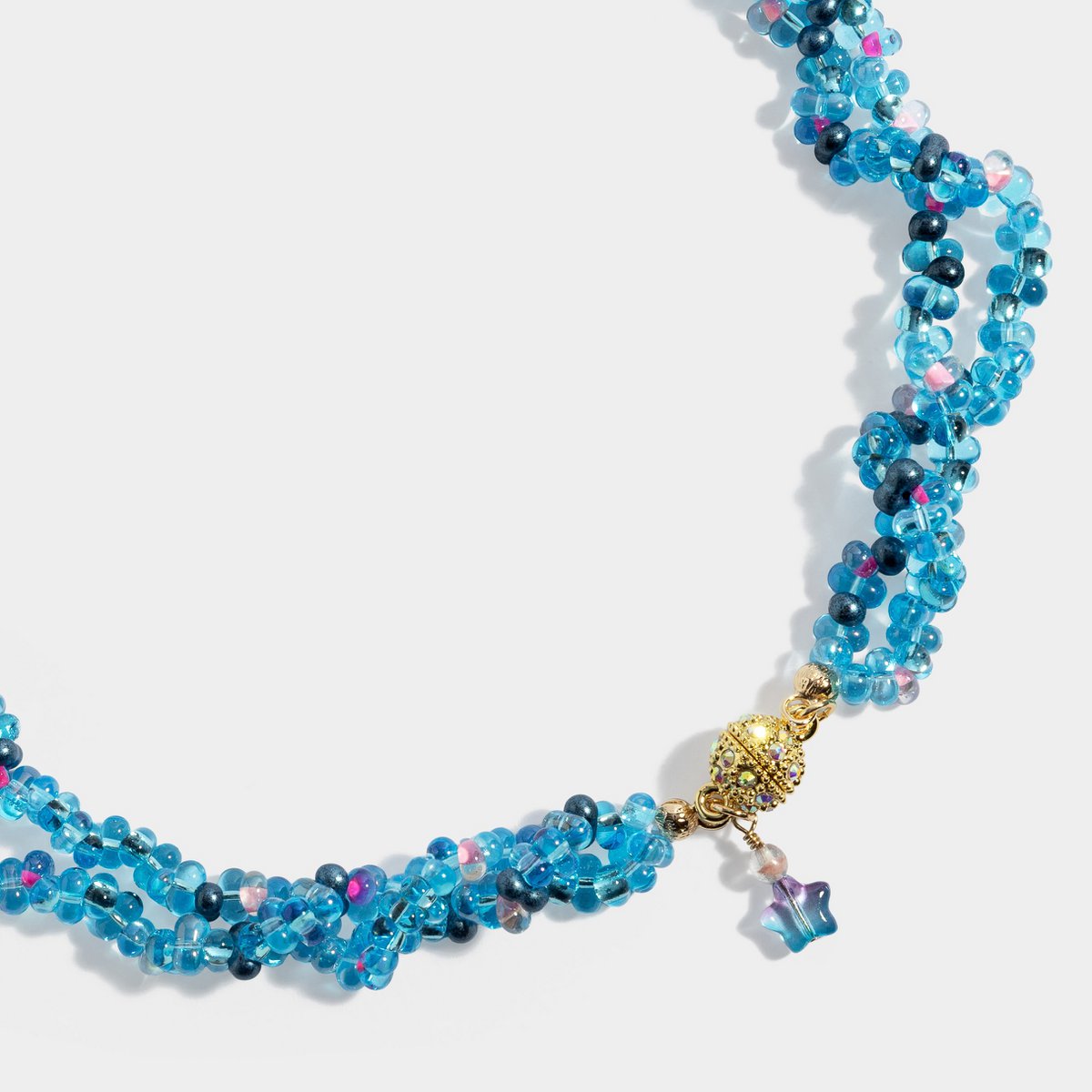 Blue czech crystal beaded necklace with gold plated frontal clasp 