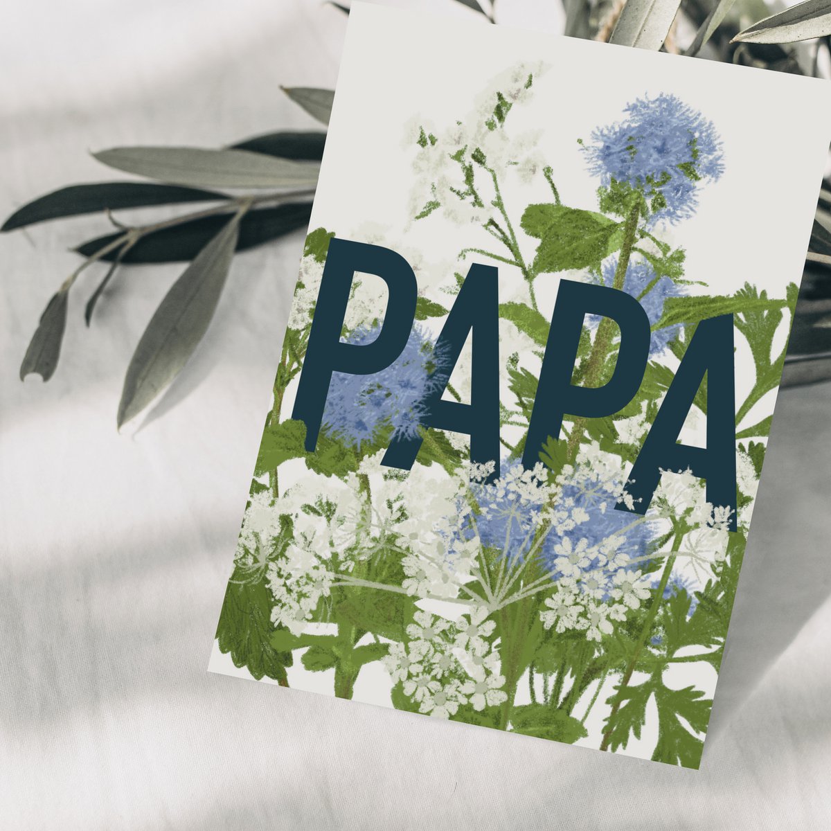 Father's Day card PAPA with blue and white flowers